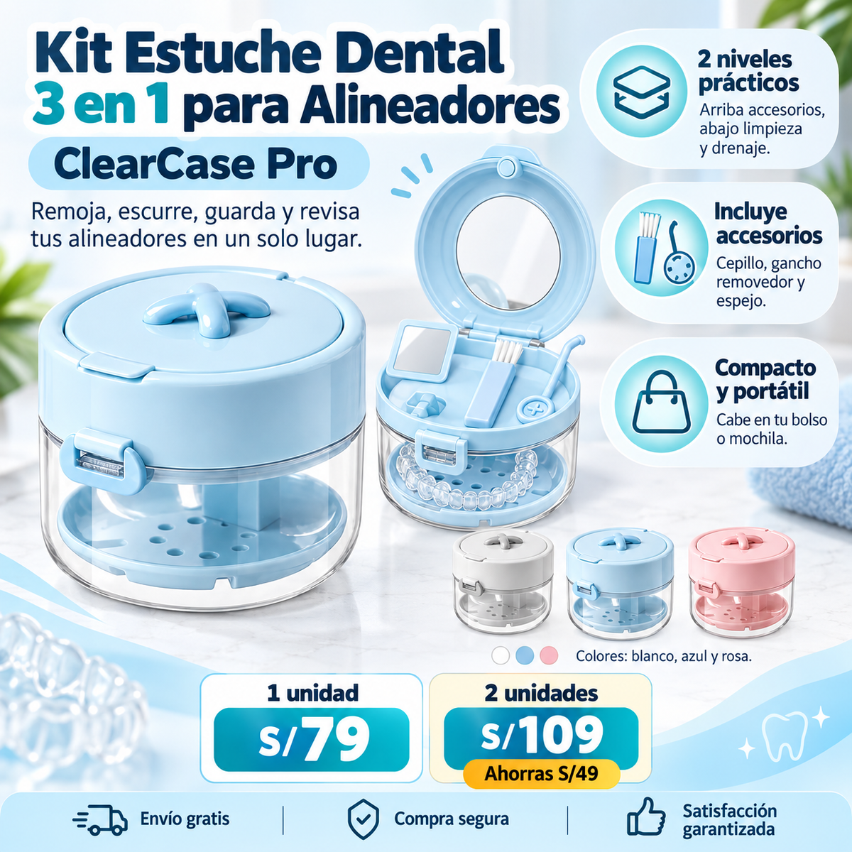 Kit Estuche Dental 3 en 1 para Alineadores - ClearCase Pro