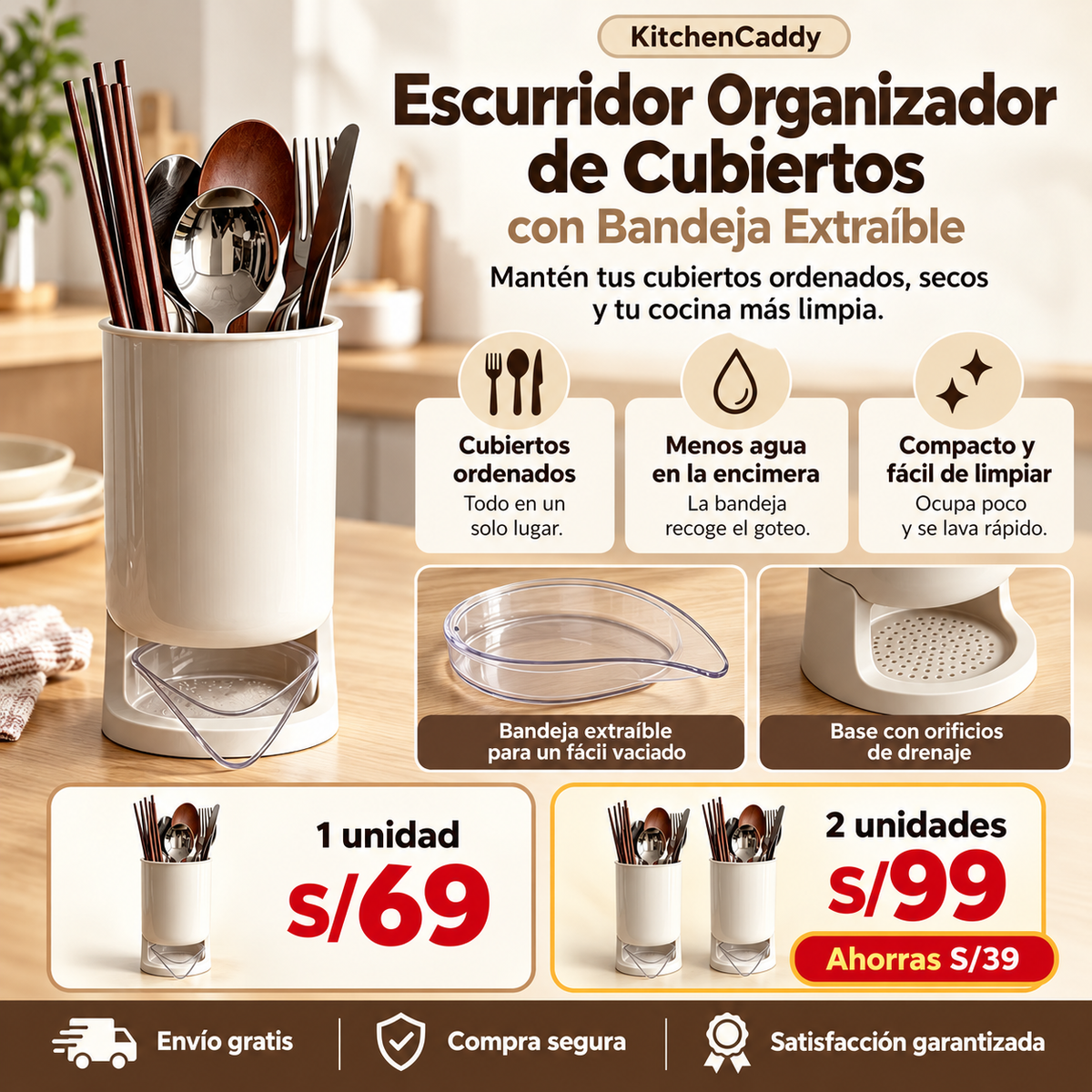 Escurridor Organizador de Cubiertos con Bandeja Extraíble - KitchenCaddy