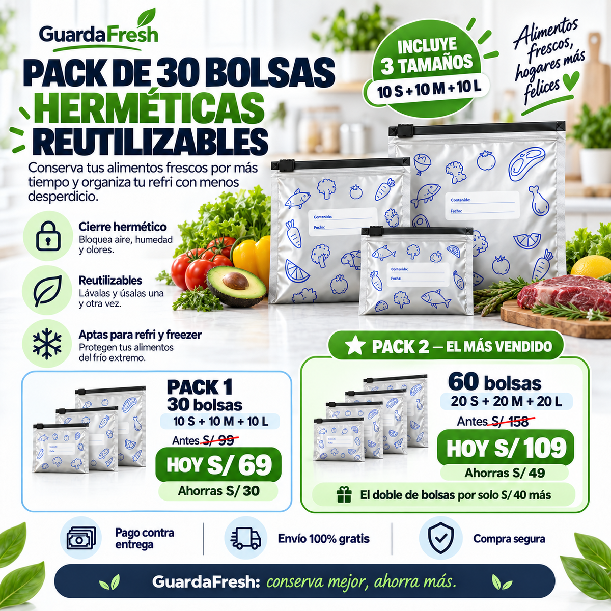 Pack de 30 Bolsas Herméticas Reutilizables - GuardaFresh