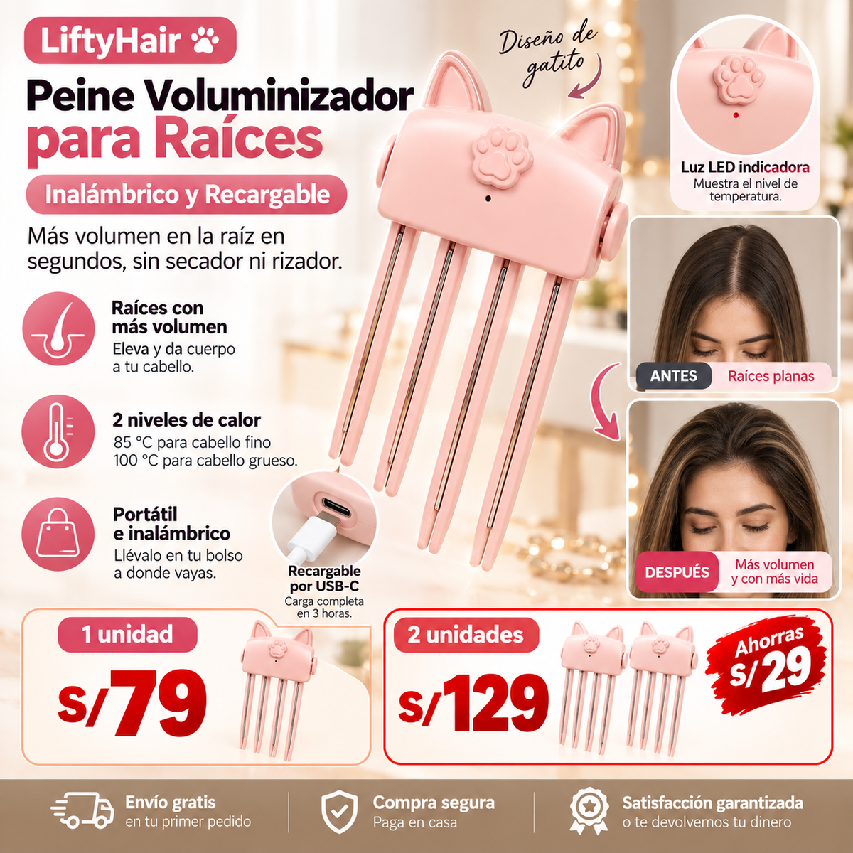Peine Voluminizador Inalámbrico para Raíces - LiftyHair