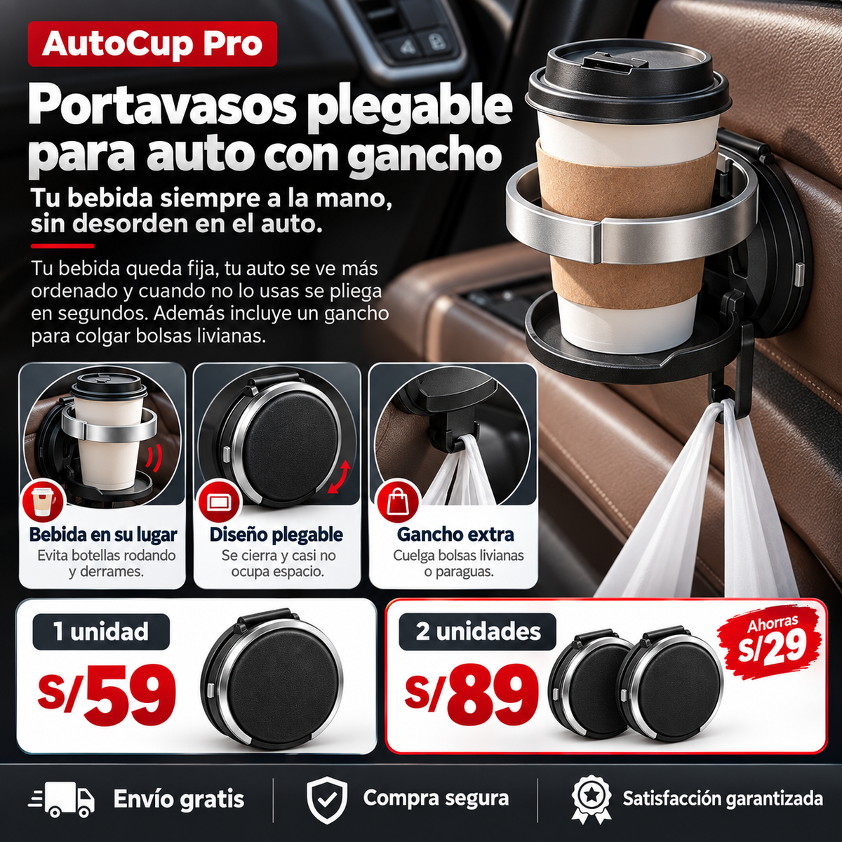 Portavasos plegable para auto con gancho - AutoCup Pro